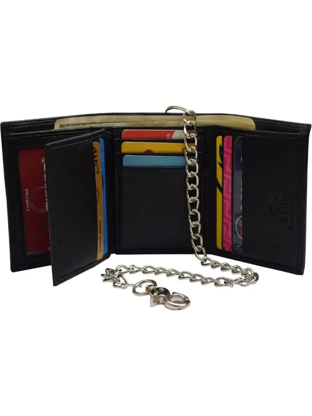 Men's Premium Leather Trifold Wallet with RFID Blocking & Chain - Black